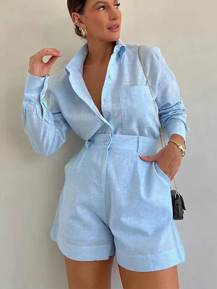 Women's Linen Set Elegant Tailored Shirt and Shorts for Summer