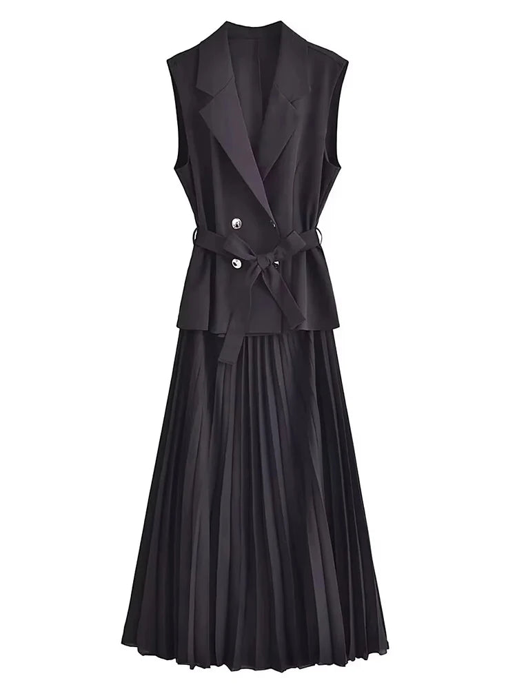 Black Tailored Midi Dress for Women with Vest and Pleated Skirt