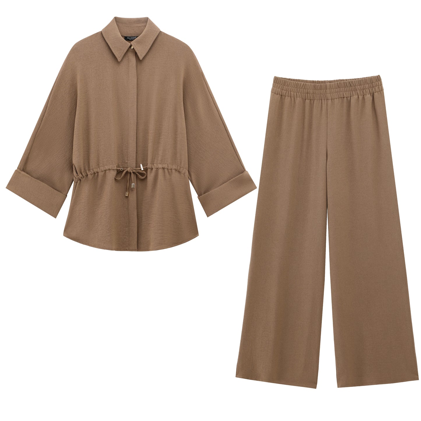 Women's Casual Brown Dress Set: Shirt with Tie Detail and Comfortable Straight Leg Pants