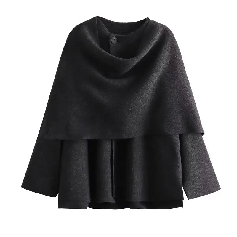 Women's Winter Poncho Coat with Draped Collar, Elegant Wool Cape Blouse, Autumn/Winter Fashion