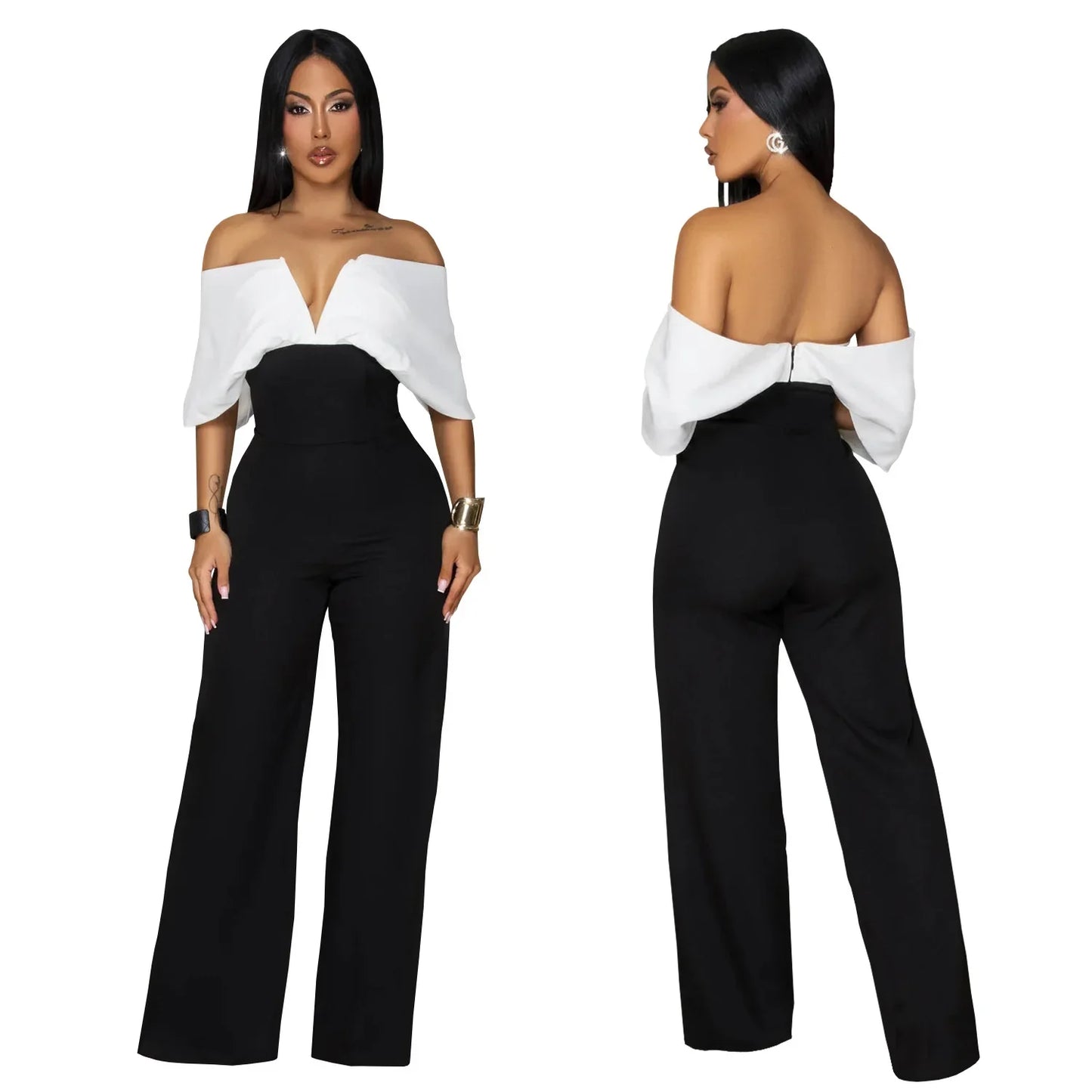 Women's Off-the-Shoulder Jumpsuit, Black and White