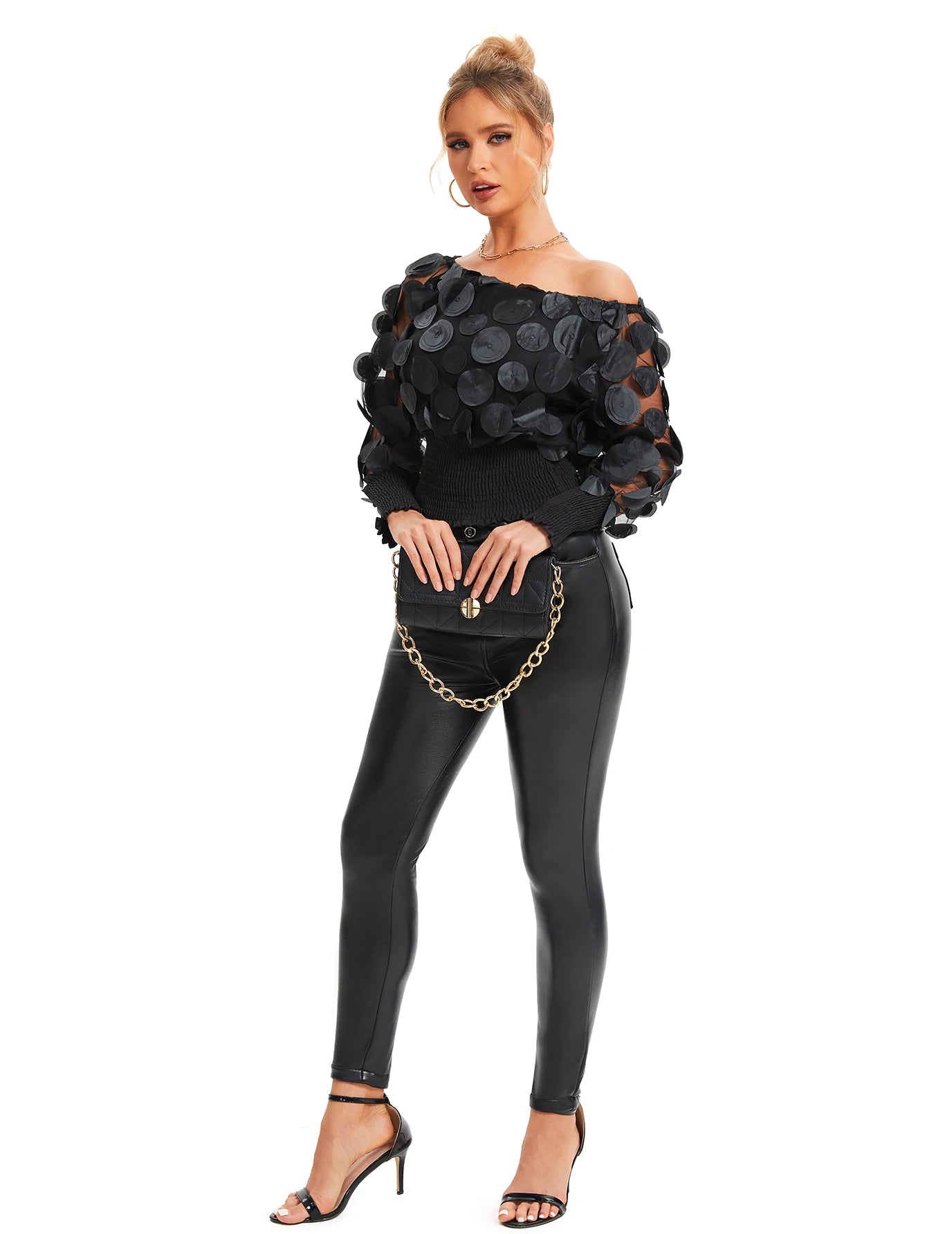 Women's Black Off-the-Shoulder Blouse with 3D Appliqués, Long Transparent Sleeves, and Elasticated Body