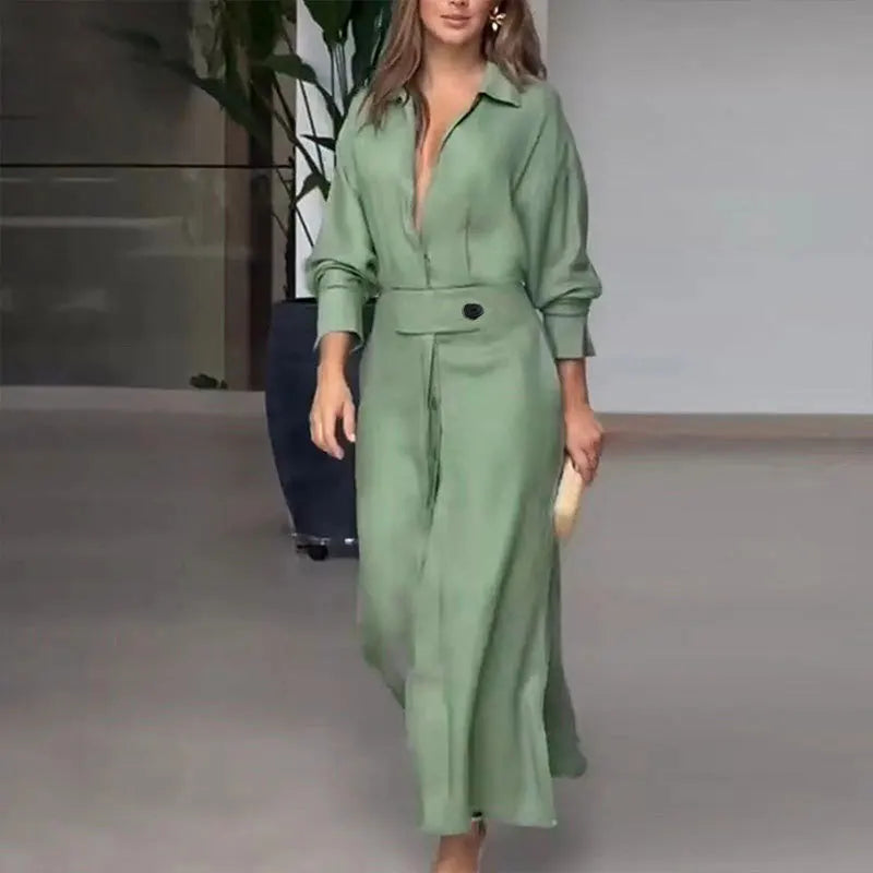 Elegant Women's Long Shirt Dress with Belt, Long Sleeves, Pockets, and Side Slit