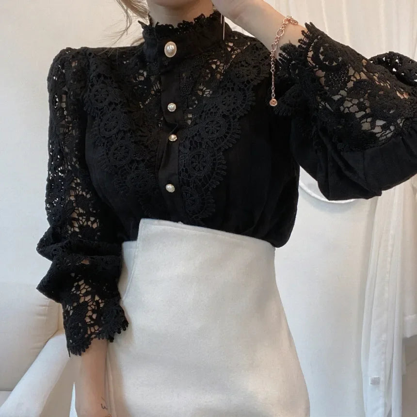 Women's Vintage Lace Blouse with High Neck and Puff Sleeve