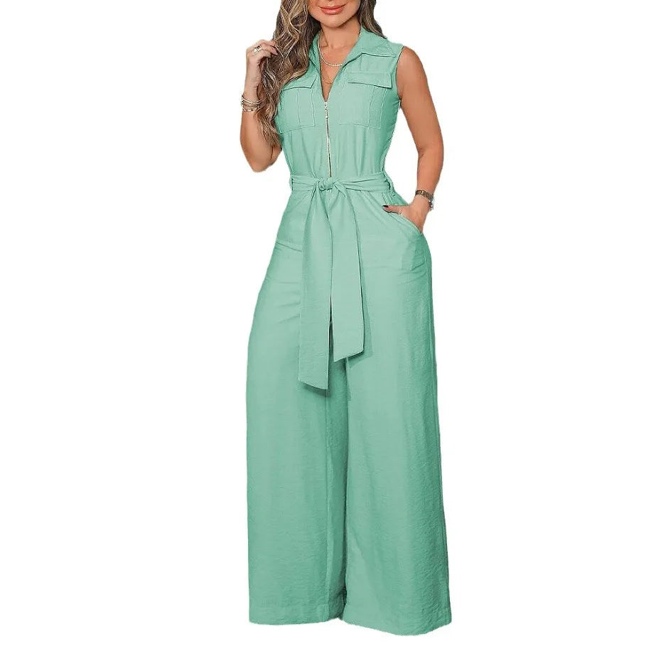 Women's Green Pantacourt Jumpsuit with Zipper and Waistband