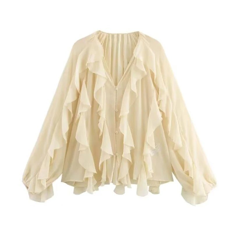 Women's blouses with ruffles, semi-sheer, casual, for spring, fairy-like style, with long sleeves.