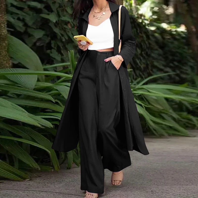 Women's Spring Long-Sleeved Top and Pants Set, Modern Streetwear Style. Two-piece set with long-sleeved top and wide-leg pants.