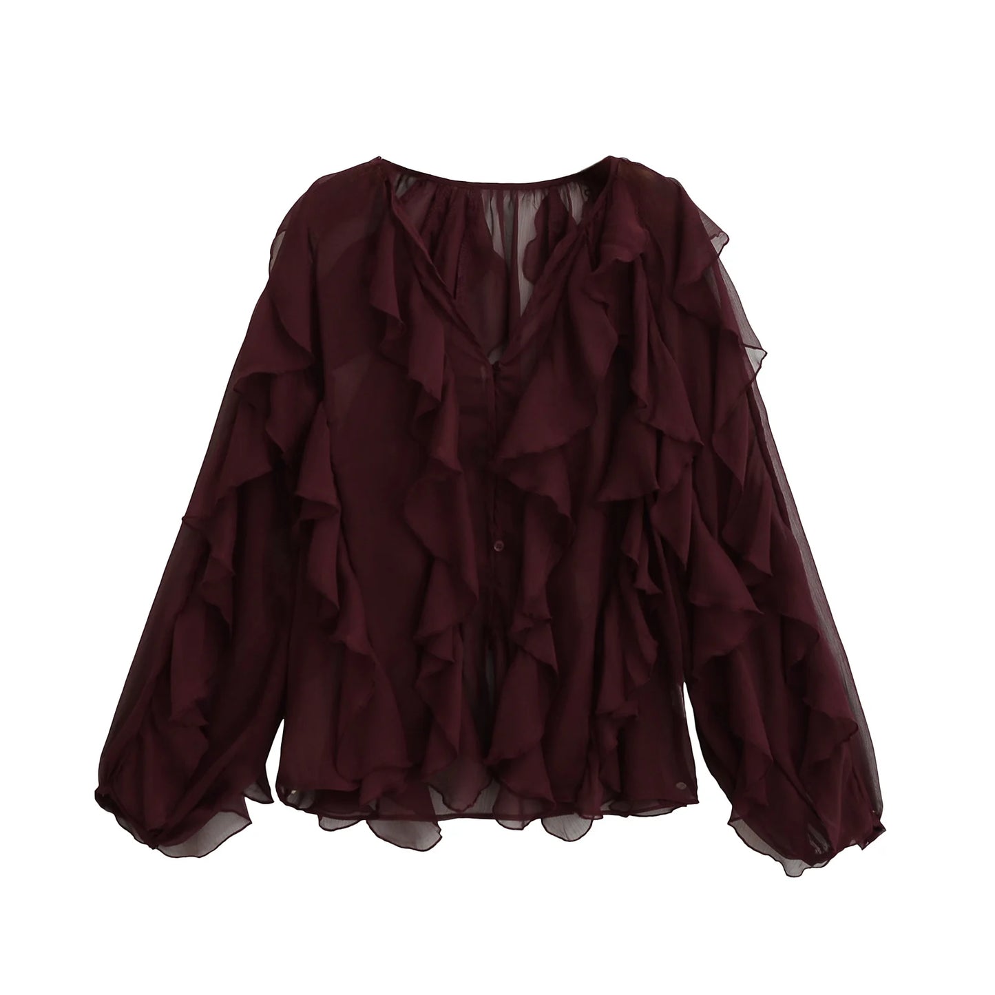 Women's Chiffon Blouse with Ruffles, Long Sleeves, Lightweight and Elegant