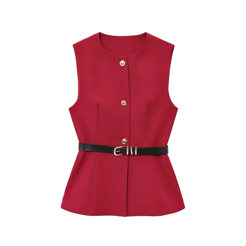 Women's Tailored Vest with Belt Elegant, Fitted at the Waist and Sleeveless