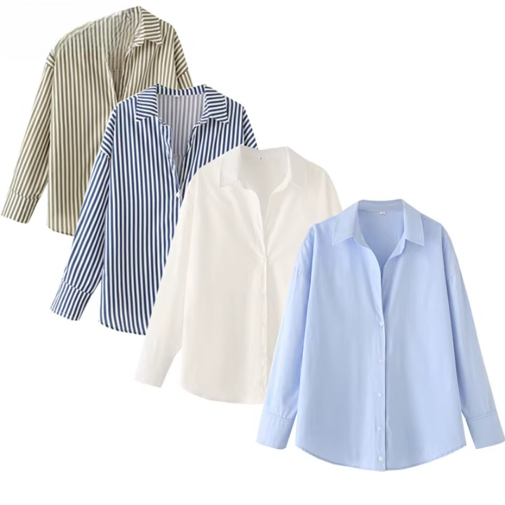 Women's Striped Casual Elegant Shirt, Button-Down Dress Shirt, Long-Sleeved Striped Blouse