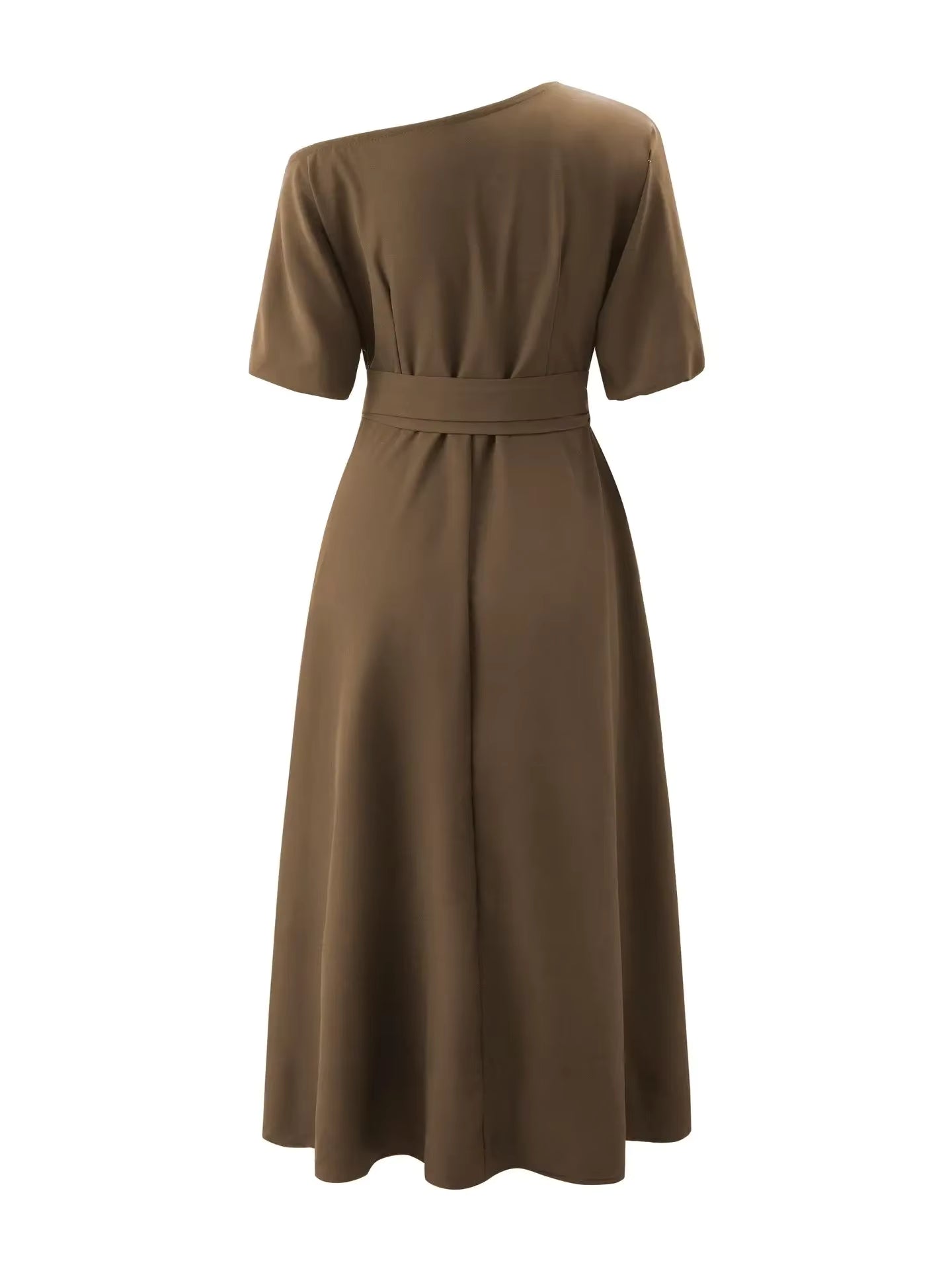 Elegant women's off-the-shoulder midi dress with a flared silhouette, defined waist, and pockets