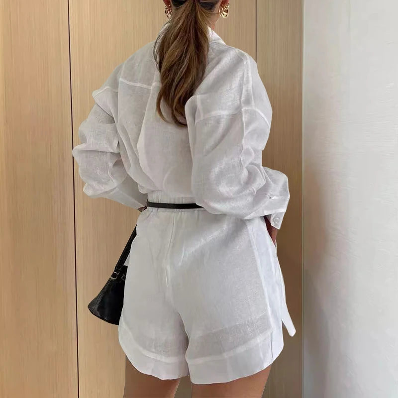 Women's Linen Set Elegant Tailored Shirt and Shorts for Summer