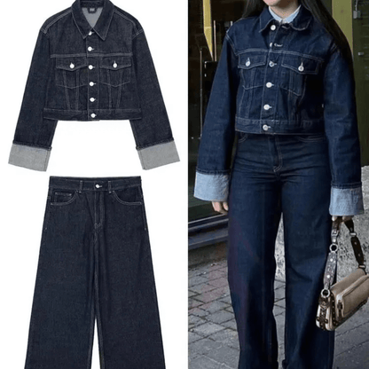 Women Vintage Denim Jacket Pant Sets Single Breasted Lapel Long Sleeve Coat Wide Leg Trousers Jeans High Street Outfits