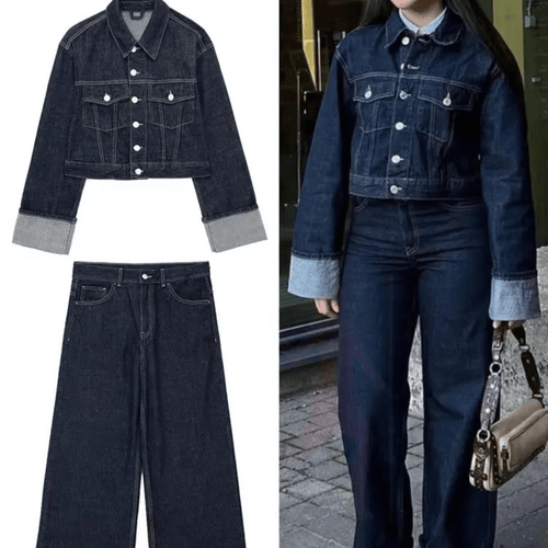 Women Vintage Denim Jacket Pant Sets Single Breasted Lapel Long Sleeve Coat Wide Leg Trousers Jeans High Street Outfits