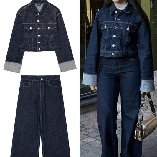 Women Vintage Denim Jacket Pant Sets Single Breasted Lapel Long Sleeve Coat Wide Leg Trousers Jeans High Street Outfits