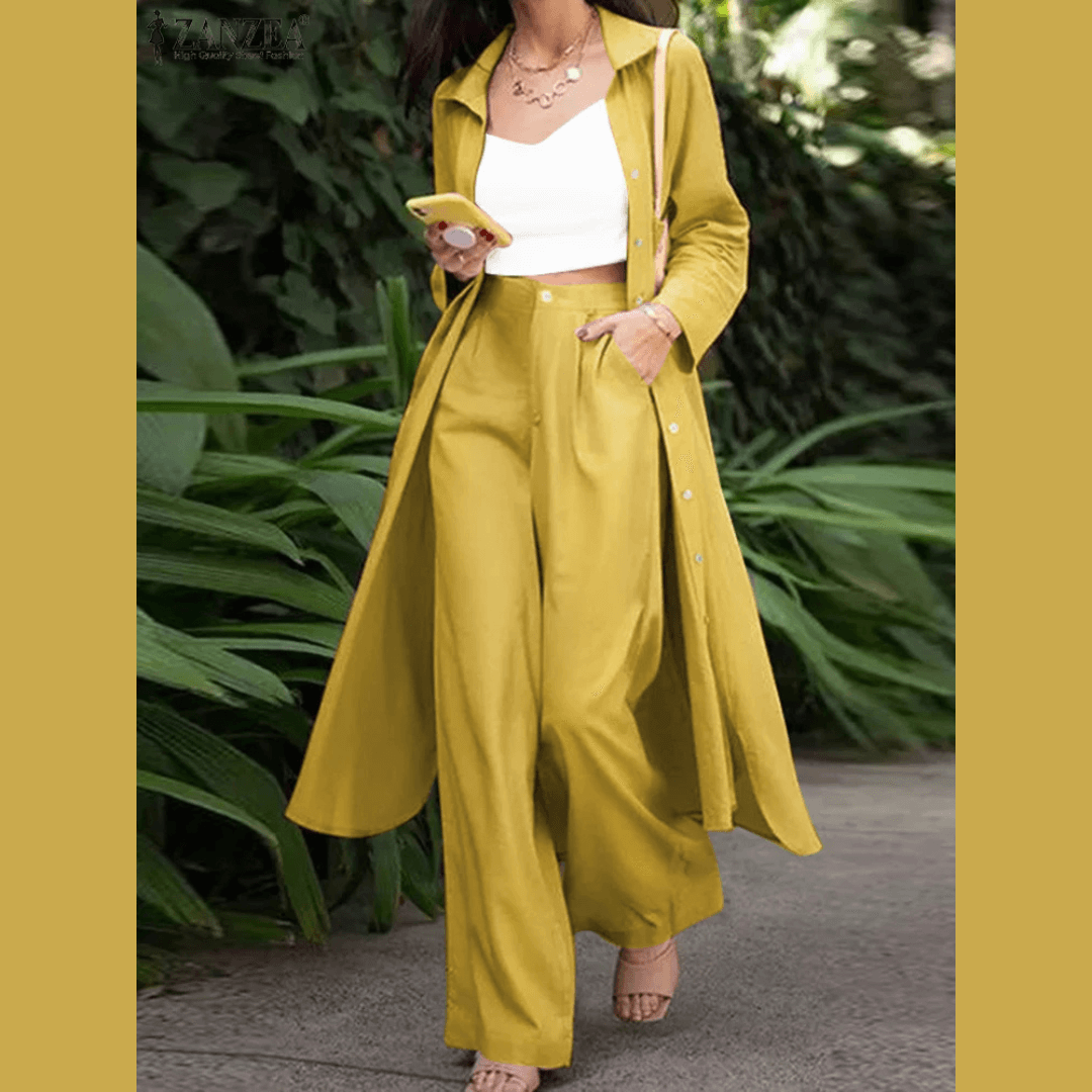 Women's Spring Long-Sleeved Top and Pants Set, Modern Streetwear Style. Two-piece set with long-sleeved top and wide-leg pants.