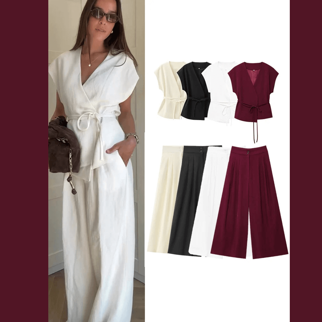 Women's Fashion pants and blouse set, consisting of a sleeveless blouse with a V-neck and tie detail, ideal for spring/summer.