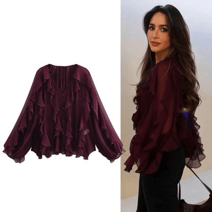 Women's blouses with ruffles, semi-sheer, casual, for spring, fairy-like style, with long sleeves.