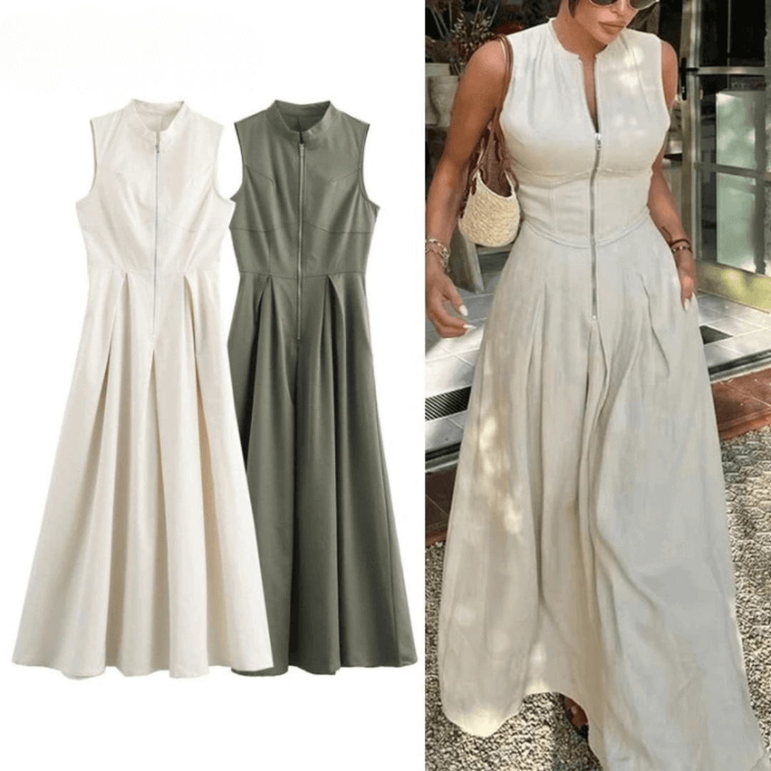 Long dress with zipper, pleated, sleeveless, bodycon, elegant for summer parties, midi length.