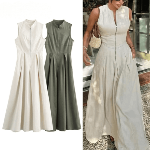 Long dress with zipper, pleated, sleeveless, bodycon, elegant for summer parties, midi length.