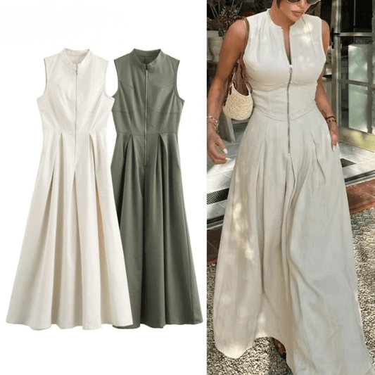Long dress with zipper, pleated, sleeveless, bodycon, elegant for summer parties, midi length.