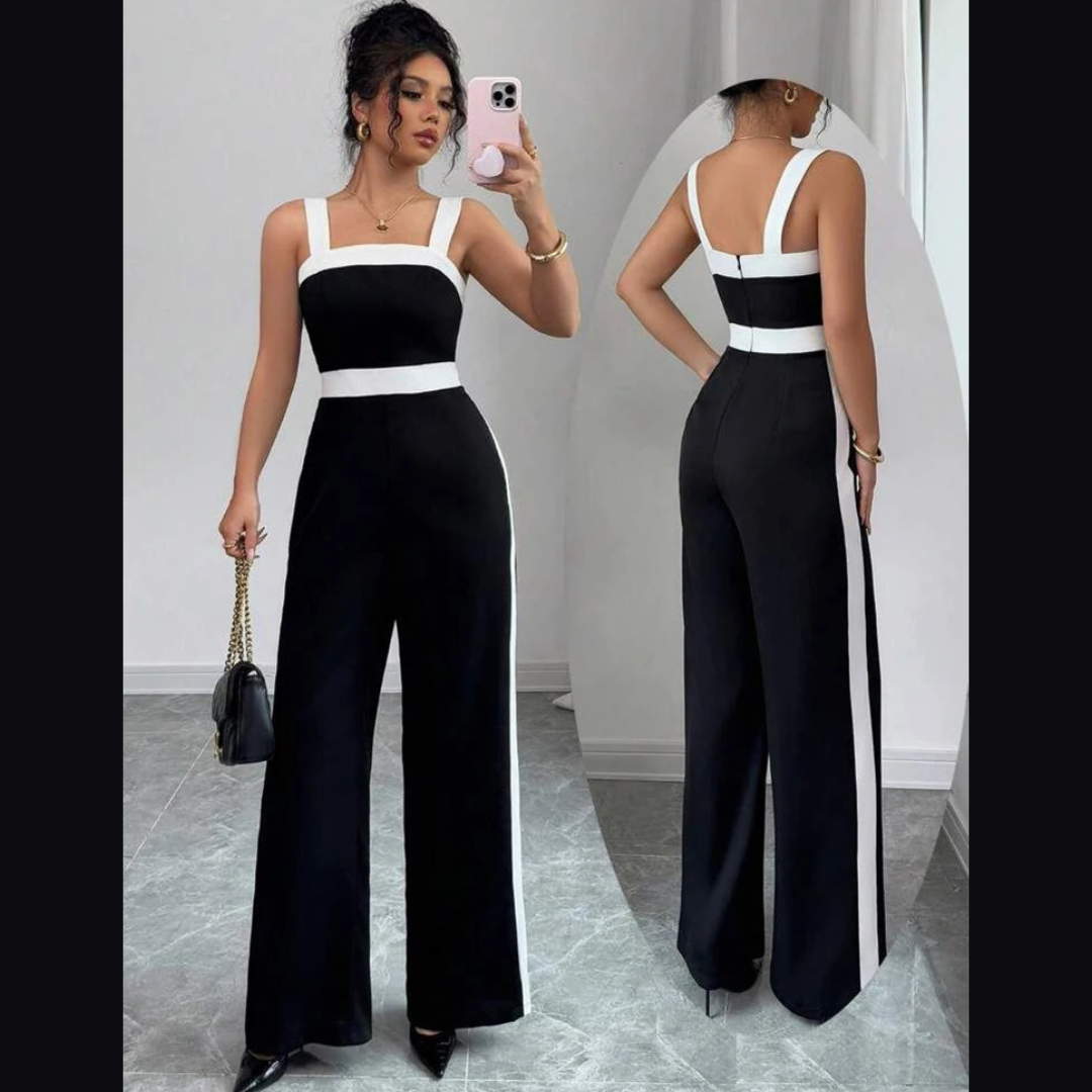 Women's Black and White Elegant Wide-Leg Jumpsuit