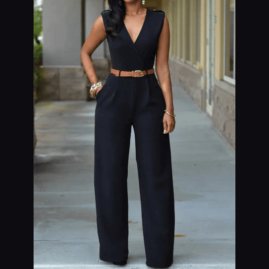 Elegant Women's Jumpsuit with Deep V-Neck, Wide-Leg Pants, and Modern Tailored Style