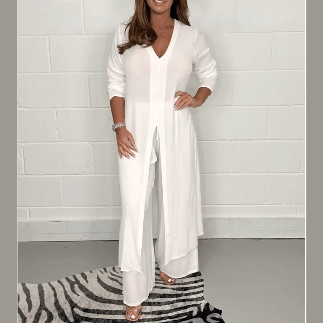 Women's Set with Long Overlay and Wide-Leg Pants - Elegant and Sophisticated Look