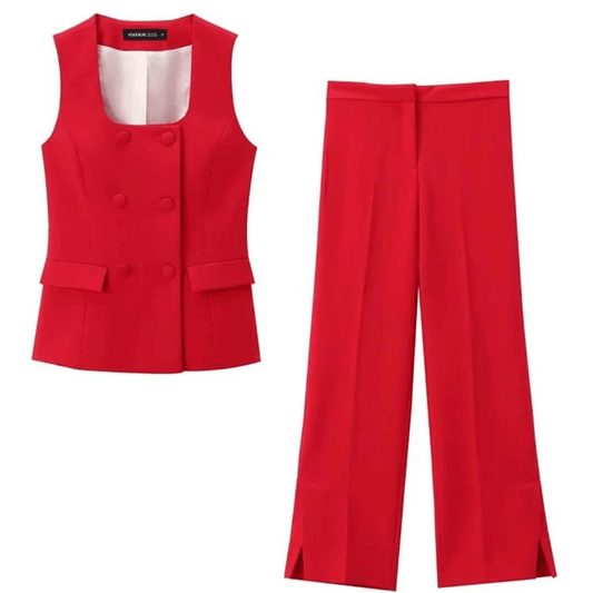 Women's Red Formal Outfit: Tailored Vest and Elegant Straight-Leg Trousers