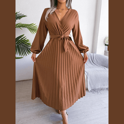 Women Elegant V Neck Long Sleeve Pleated Maxi Dress