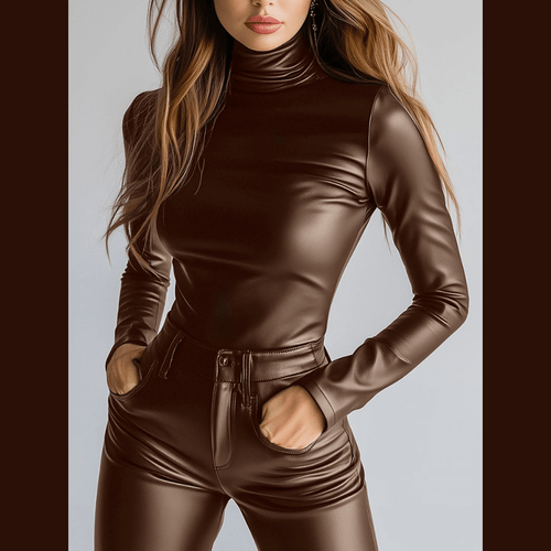 Women's High Neck Blouse in Faux Leather