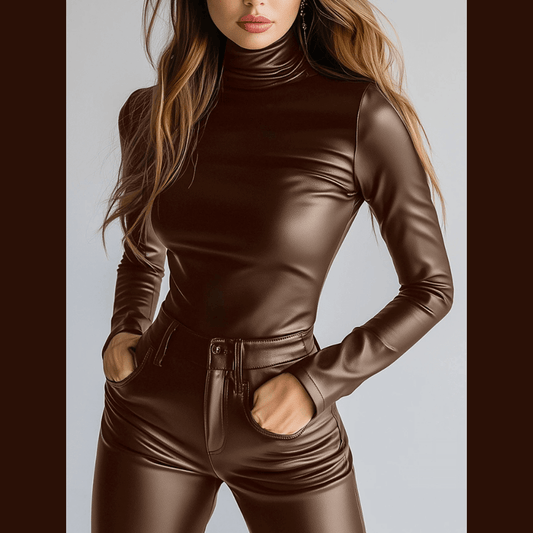 Women's High Neck Blouse in Faux Leather