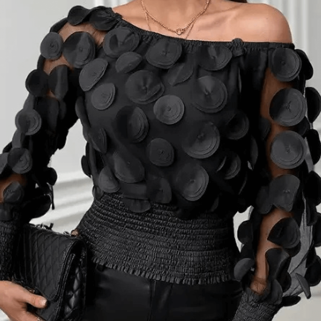 Women's Black Off-the-Shoulder Blouse with 3D Appliqués, Long Transparent Sleeves, and Elasticated Body