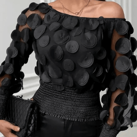 Women's Black Off-the-Shoulder Blouse with 3D Appliqués, Long Transparent Sleeves, and Elasticated Body