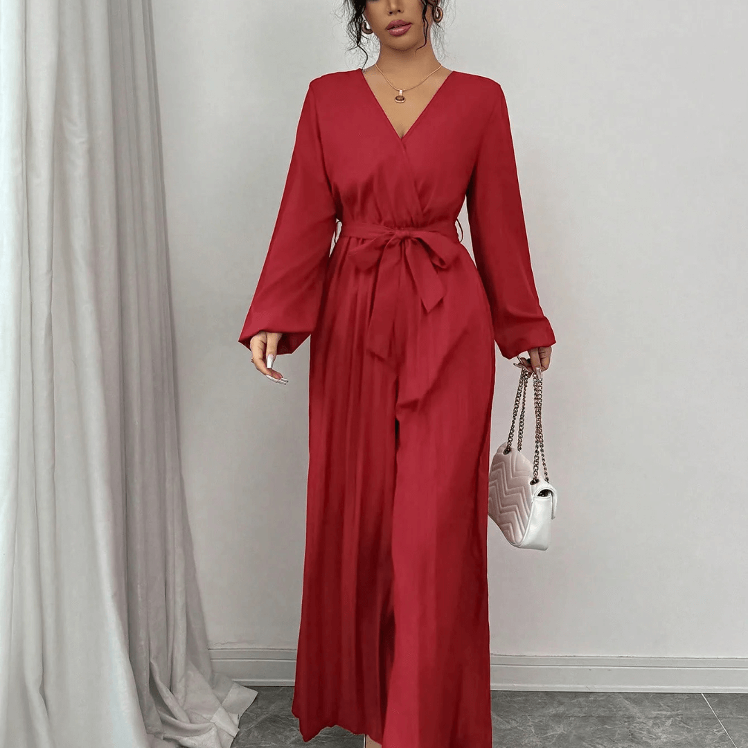 Elegant Women's Long Red Dress with Long Sleeves and Waist Tie, Pleated