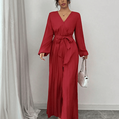 Elegant Women's Long Red Dress with Long Sleeves and Waist Tie, Pleated