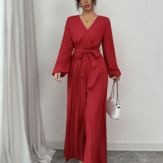 Elegant Women's Long Red Dress with Long Sleeves and Waist Tie, Pleated