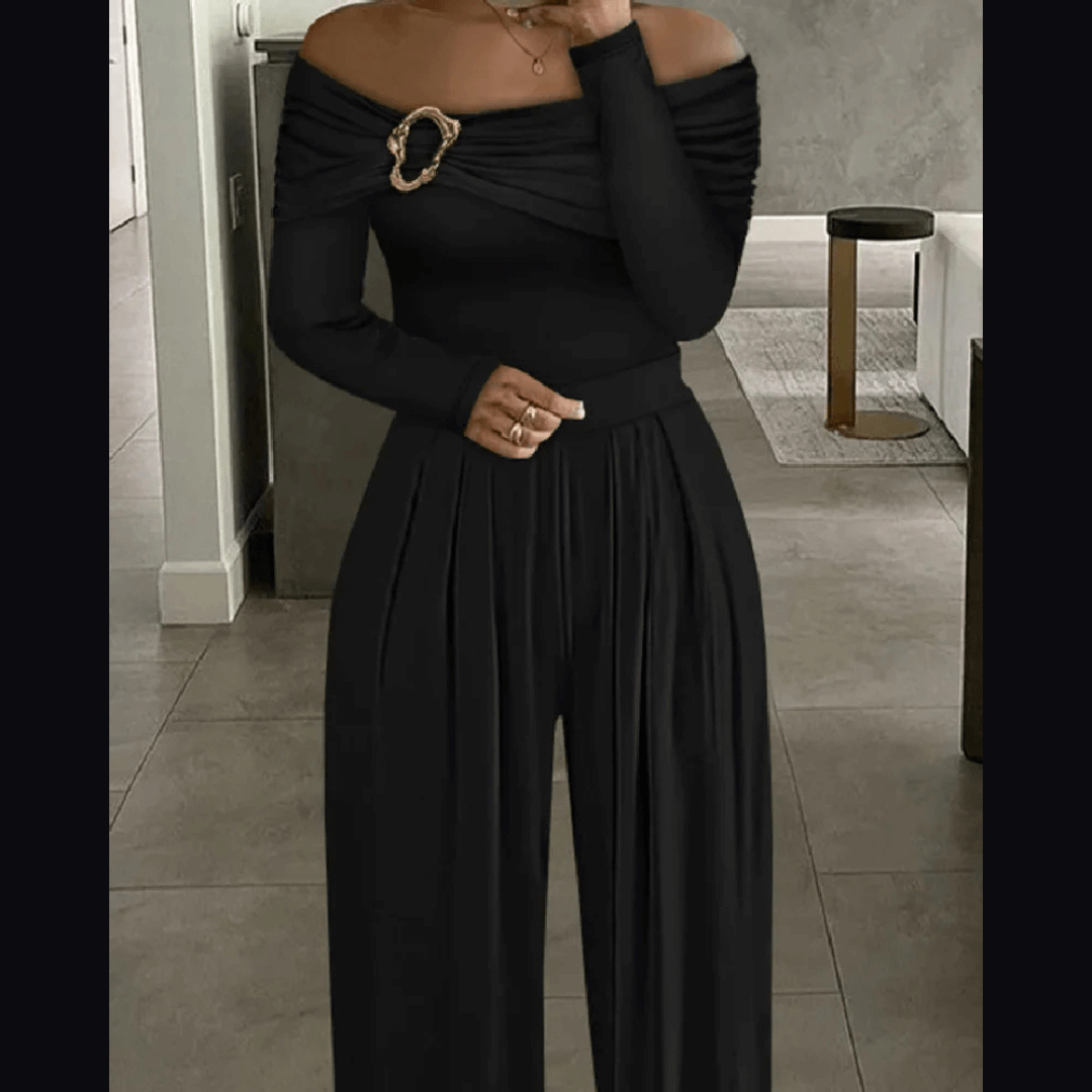 Women's Black Off-the-Shoulder Jumpsuit with Gold Buckle
