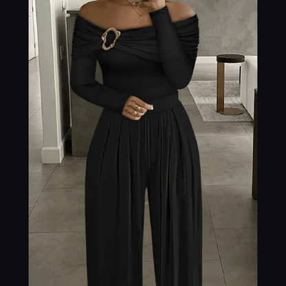 Women's Black Off-the-Shoulder Jumpsuit with Gold Buckle
