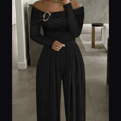 Women's Black Off-the-Shoulder Jumpsuit with Gold Buckle