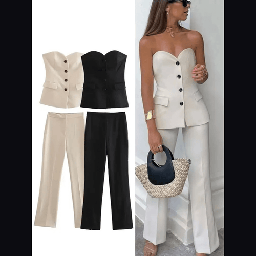 Women's Tailored Set: Corset Top with Buttons and Straight Leg Pants