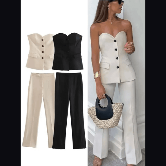 Women's Tailored Set: Corset Top with Buttons and Straight Leg Pants