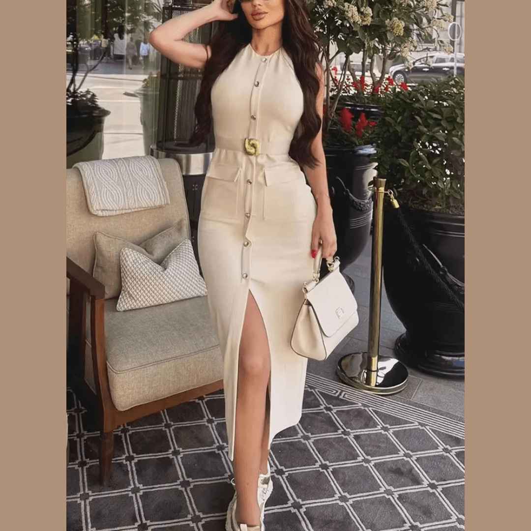 Women's Midi Formal Dress with Buttons and Slit
