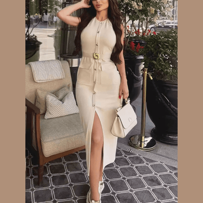 Women's Midi Formal Dress with Buttons and Slit