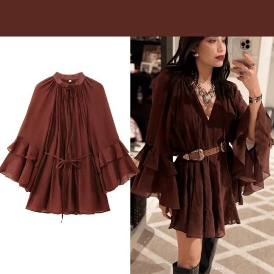Women's Short Brown Dress with Flare Sleeves and Ruffles, Boho Chic Style, in Chiffon