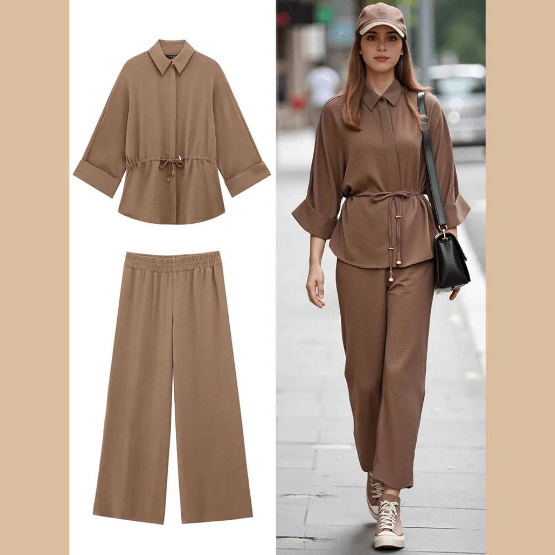 Women's Casual Brown Dress Set: Shirt with Tie Detail and Comfortable Straight Leg Pants