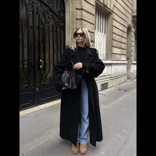 Women's Oversized Black Long Coat for Winter, Elegant, Street Chic Style