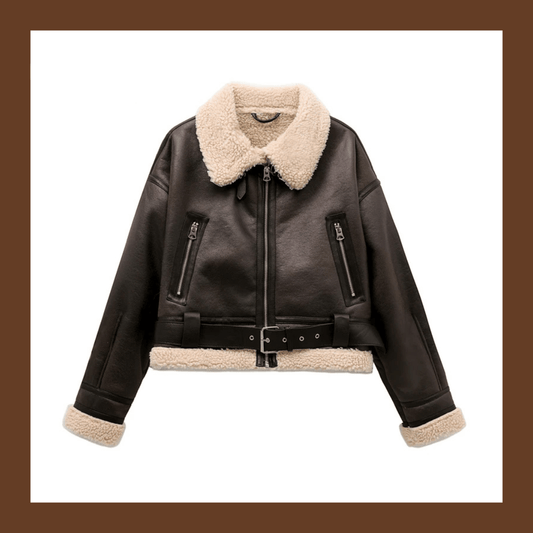 Women's Aviator Jacket in Faux Leather with Fleece Lining | Lined Winter Coat