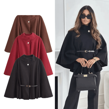 Elegant Women's Cape with Button and Belt, Poncho Coat, Winter, Chic Fashion