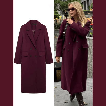 Women's Long Tailored Coat, Wine Color, Elegant Winter Overcoat
